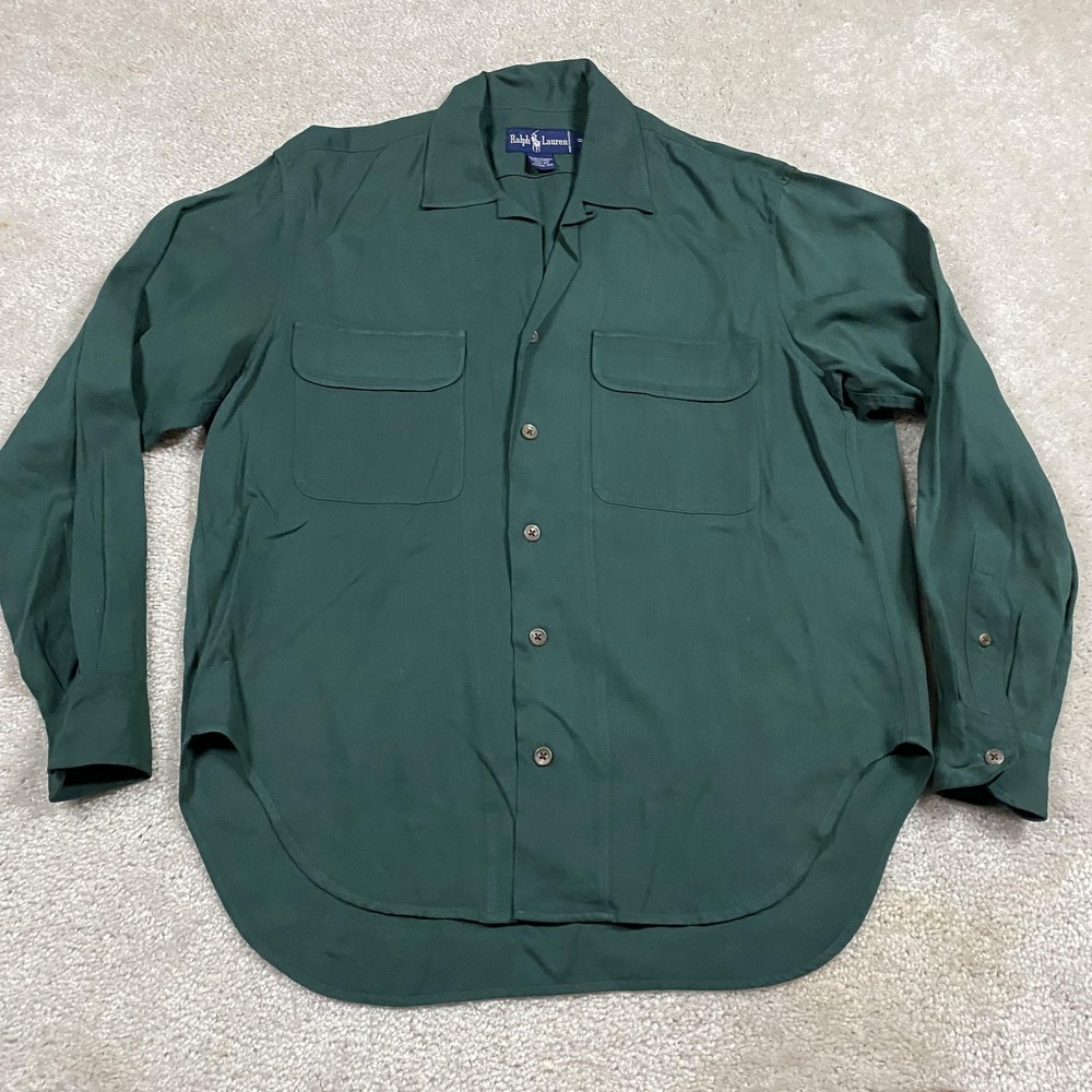 Polo Ralph Lauren Mens M Green Button Up Camp Loop Collar Rayon Wool Shirt VTG